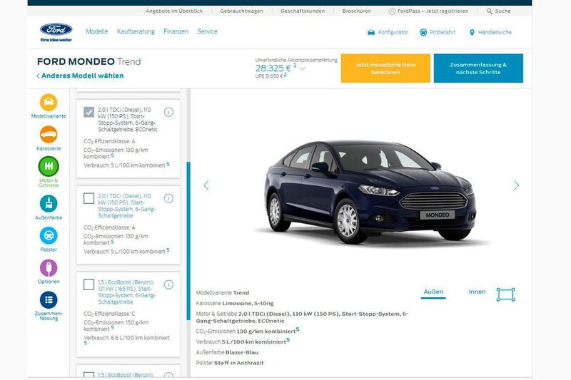 Platz 7: Bei Ford sind die einzelnen Schritte in der linken Leiste übersichtlich dargestellt. Kritikpunkt: die Aufpreise für einzelne Motoren werden nicht angezeigt, hier muss der User immer ein Auge auf der Endsumme haben. (Screenshot Ford)