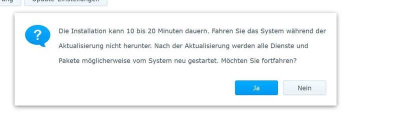 Vor dem Start der Aktualisierung zu DSM 7 erscheint noch ein Hinweisfenster, das auf die Dauer der Aktualisierung hinweist. (Joos/Synology (Screenshot))