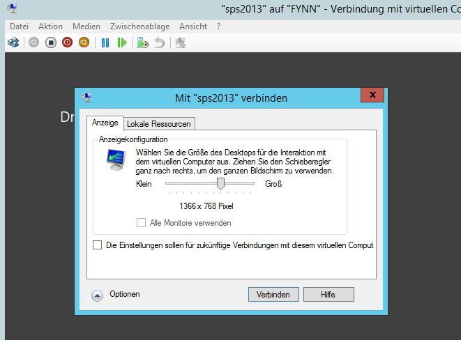 Abbildung 3: Nachdem der erweiterte Sitzungsmodus aktiviert und die Maschine neu gestartet wurde, können Administratoren auswählen welche Auflösung bei der Verbindung zum virtuellen Server genutzt werden soll. Dazu muss in der VM das RDP-Protokoll nicht aktiviert sein. (Bild: Joos)