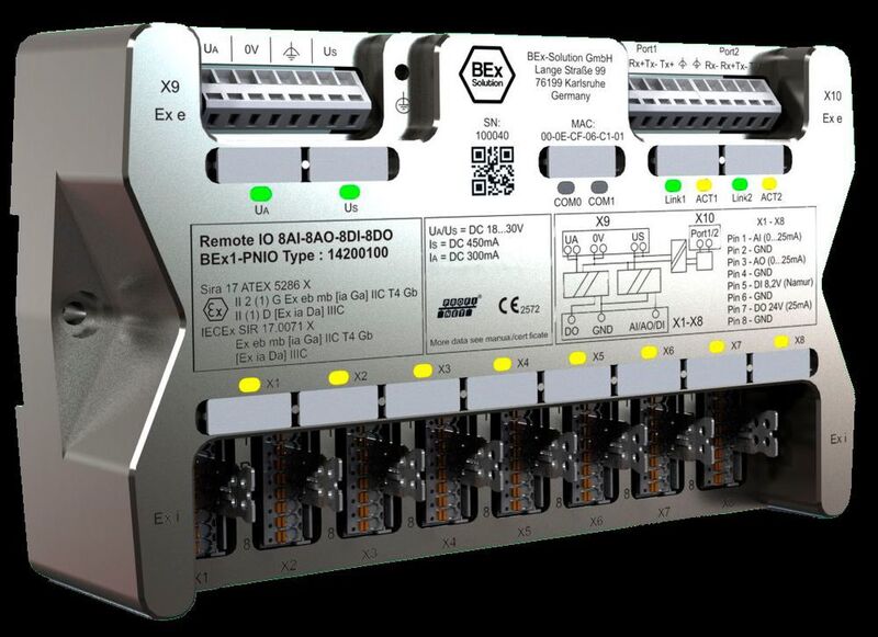 Das Remote IO-System BEx1 wird direkt in der Ex-Zone 1/21 als Interface zwischen den Signalen (Sensoren/ Aktuatoren) und der externen Steuerung (außerhalb des explosionsgefährdeten Bereiches) installiert. (BEx-Solution)