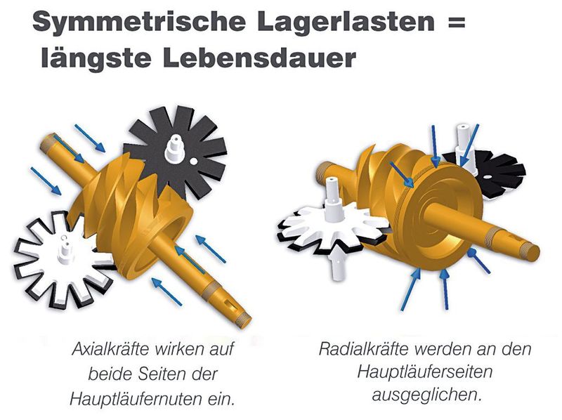 Bild 3: Niedrige Drehzahl und geringe symmetrische Lagerlasten sorgen für eine lange Lebensdauer.  (Bild: Compair)