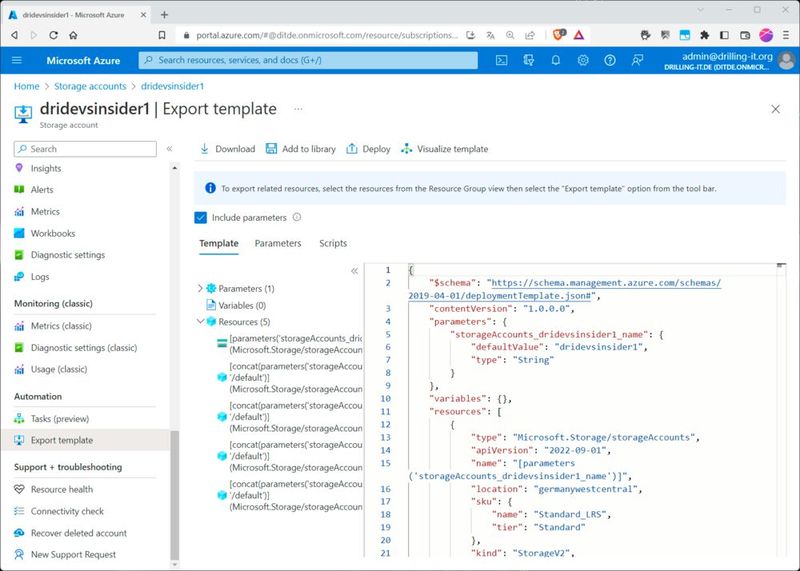 Auch von hier lässt sich dann wieder das korrespondierende „ARM“-Template abrufen. (Bild: Drilling / Microsoft)