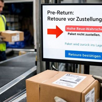 Pakete, die voraussichtlich wieder zurückgeschickt werden, werden gleich im Postzentrum aussortiert. (Bild: ChatGPT/Parcellab)