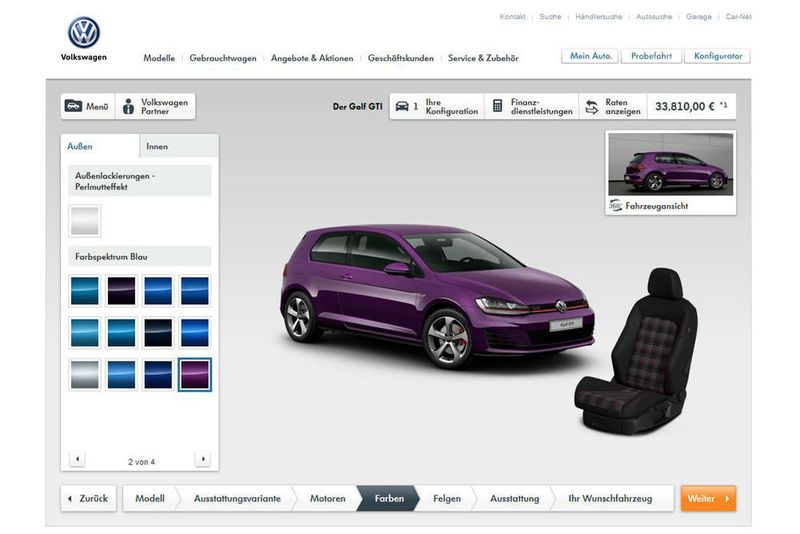 Platz 5: VW. Golf, Passat und Co. lassen sich online via QR-Code, Smartphone und VR-Brille in 3D bewundern. Auch ein Online-Code für den nächsten Händler mit dem eigenen Wunschauto lässt sich generieren. Schwachpunkte sind der fehlende Livechat und der Verzicht auf eine Vernetzung zu den sozialen Netzwerken. (Screenshot VW)