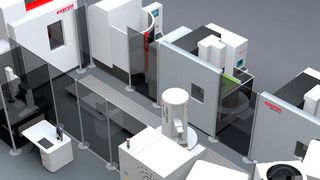 Verfahrensgemischte Automationszelle für die Medizintechnik: Exerons Fertigungskombination Fräsen, Senkerodieren, Reinigen und Messen mit Nullpunktspannsystem von Erowa und Prozessleitsystem von Certa Systems. (Bild: Exeron)