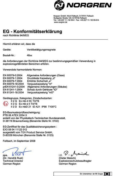 Die EG-Konformitätserklärung wird gemäß der EG-Richtlinie 94/9/EG (Atex 95) erstellt.  (Bild: Norgren)