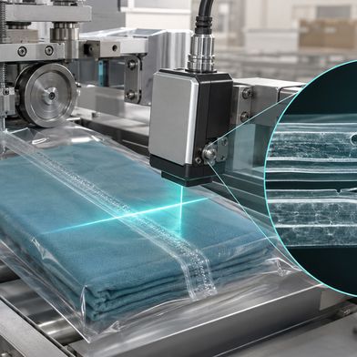 Ein Line-Field-OCT-System erfasst die frisch erzeugte Siegelnaht unmittelbar nach dem Fügevorgang. Die schematische Vergrößerung veranschaulicht eine Pore und einen Leckkanal innerhalb der Naht. (Bild: Guido Deußing, KI-generierte Illustration; fachliche Grundlage: Fraunhofer IKTS und Fraunhofer IVV, Projekt "OCTinline")