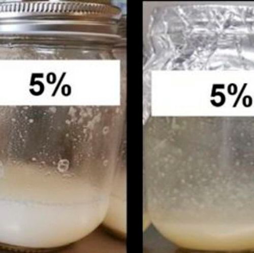 This beverage with 5 % rice flour in coconut water (left) became slightly darker and stickier after being treated with heat (right).