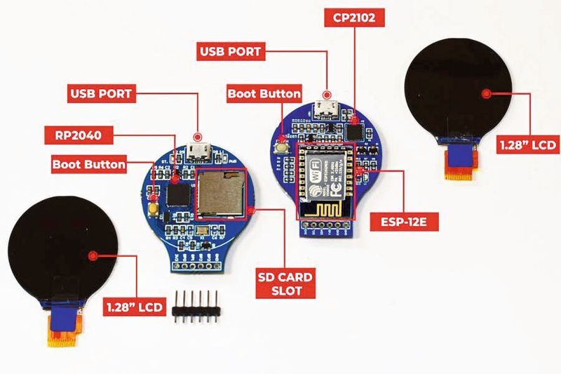 RoundyPi (links) und RoundyFi: 1,28-Zoll-LCD-Boards basierend auf RPI2040 oder ESP-12E. (Om Singh /  SB Components)