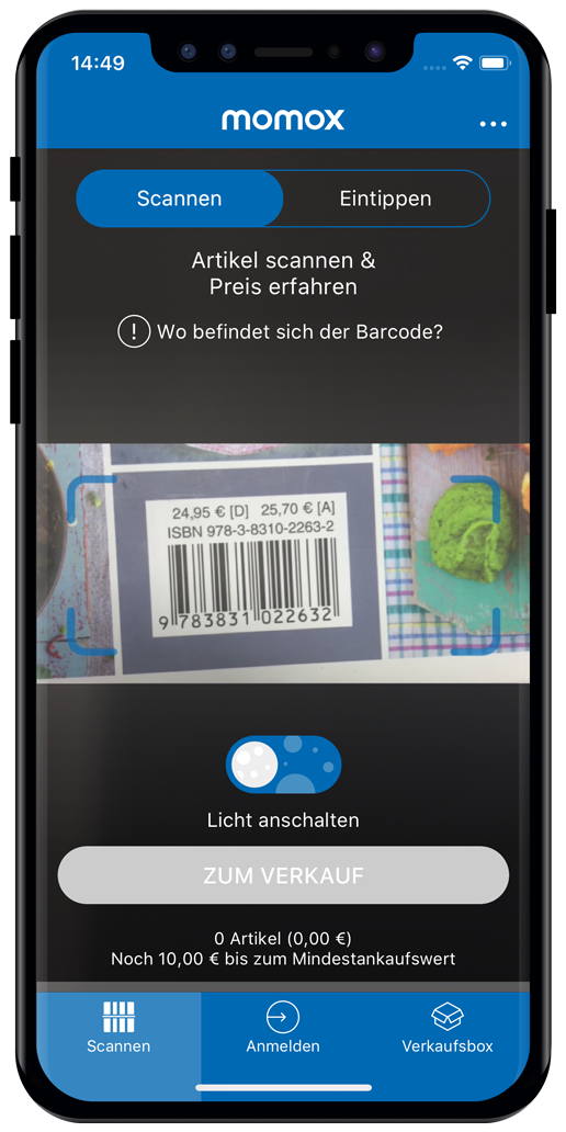 Mit der App von momox können Produkte zur Preisfindung eingescannt werden.(Bild:  momox)