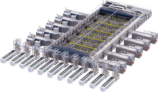 „Vertiv One Core“ ist eine hybrides, vorgefertigtes Rechenzenrumsdesignmit einer Leistung von 10 MW bis 250 MW und darüber hinaus. Es ist ohne Größenbeschränkungen skalierbar und bietet eine durchgängige Rechenzentrumsinfrastruktur, die speziell darauf ausgelegt ist, die  Anforderungen an Geschwindigkeit und Flexibilität von KI-Anwendungen.  Das vorgefertigte Design soll den Transport und Installation veienfachen und  den Arbeitsaufwand sowie die Risiken vor Ort reduzieren. (Bild:  Vertiv)