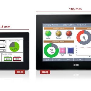 Äußerst kompakt: Die Serie HG1J ist mit ihrem 4,3 Zoll TFT-Farbdisplay deutlich kleiner als das Schwestermodell HG2J mit einer Bildschirmgröße von 7 Zoll.(Bild:  APEM/IDEC)