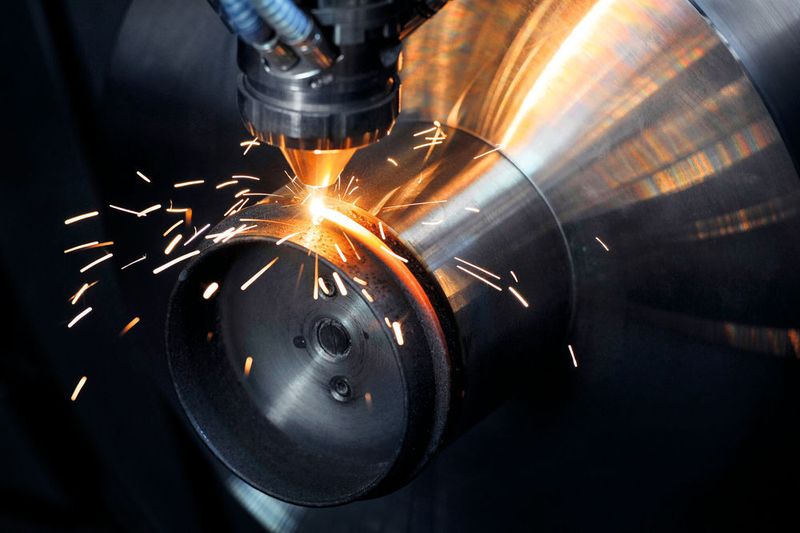 Laserauftragsschweissen auf der Lasertec 65 3D Hybrid: die eingesetzte Pulverdüsen-Technologie ermöglicht das gezielte Aufbauen von additiven Features auf bestehende Grundkörper oder Halbfertigerzeugnisse. (DMG Mori)