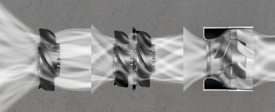 Direkter Vergleich zwischen einem einstufigen Axiallüfter (a), einem zweistufigem Axiallüfter (b) und dem neuen Diagonallüfter Diaforce (c). (Bild:  EBM-Papst)