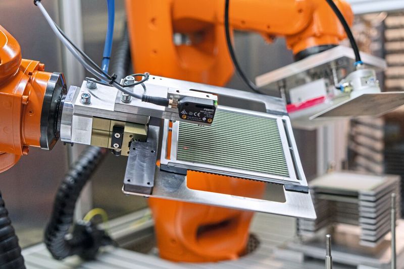 Vollautomatische Assemblierung von Einzelkomponenten zu Hochtemperaturelektrolyseuren (SOC) und Hochtemperaturbrennstoffzellen.(Bild:  Fraunhofer-IKTS)