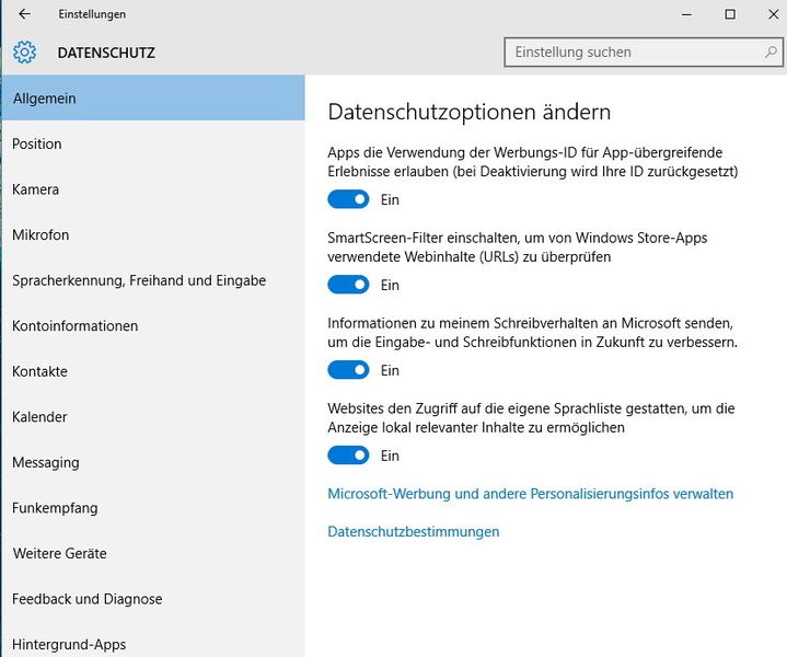 Über „Einstellungen\Datenschutz“ erreichen Anwender im Startmenü von Windows 10 die gebündelten Sicherheitseinstellungen von Windows 10. Die Optionen sind selbsterklärend und sollten von oben nach unten durchgearbeitet werden, um den Datenschutz zu erhöhen. Standardmäßig ist Windows 10 nicht für optimalen Datenschutz eingestellt, sondern auf maximale Datenübertragung. (Bild: Thomas Joos)