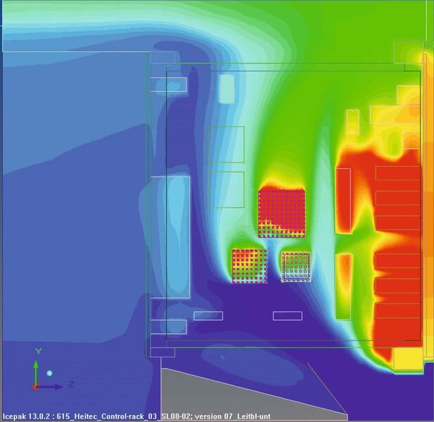 Bild 3: Nach dem Umplatzieren einiger Komponenten ist der Hotspot deutlich kleiner geworden, da der optimierte Luftstrom die Wärme besser abführen kann. (HEITEC)