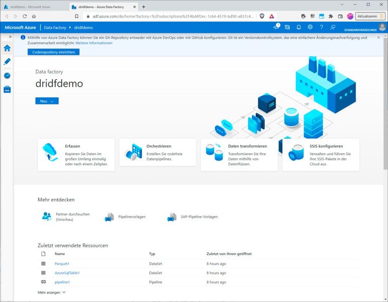 Auf der Startseite des Data Factory Studios klicken wir dann links im Menü auf den Stift für „Autor“, um eine neue Pipeline anlegen zu können. (Bild: Drilling / Microsoft)