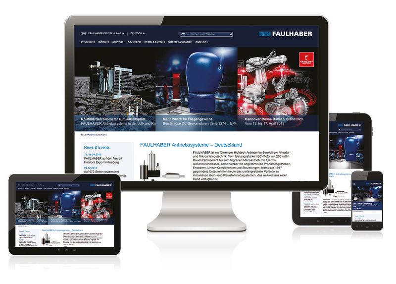 Mit der Einführung des Produkt-Selektors im vergangenen Jahr war deutlich zu erkennen, dass Faulhaber online neue Wege geht. Dies gilt seit Kurzem auch für die Unternehmenshomepage, welche durch ein ansprechendes Design, viel Übersicht und hohe Nutzerfreundlichkeit begeistert. (Bild: Faulhaber)