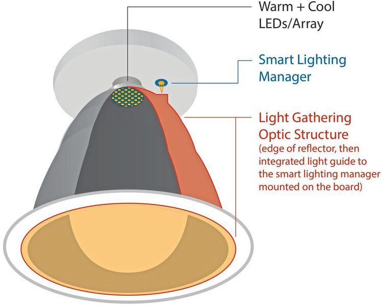Ein Lichtleiter führt das Mischlicht vom Rand des Reflektors einer Deckeneinbauleuchte zum Farbsensor auf der LED-Leiterplatte. (ams)