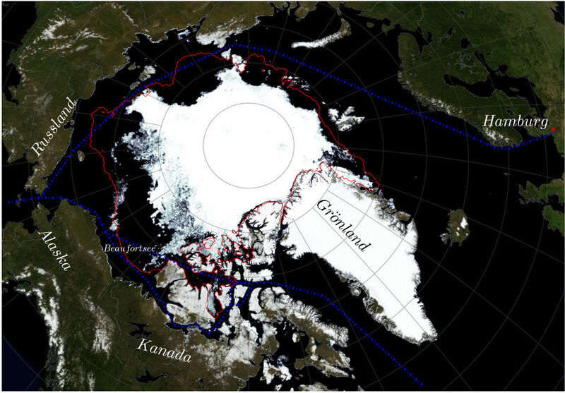 Eisbedeckung Anfang September 2015 (weiß). Zum Vergleich: Die rote Linie zeigt die durchschnittliche Eisbedeckung im September der 15 Jahre von 1995 bis 2007. Abgelöster „Eisarm“ in der Beaufort See vor Alaska sichtbar. Aktuell mögliche Seewege (blau, Nordost-, Nordwestpassage) (Bild: UHH/Kaleschke; Quelle: JAXA AMSR2-Satellitendaten)
