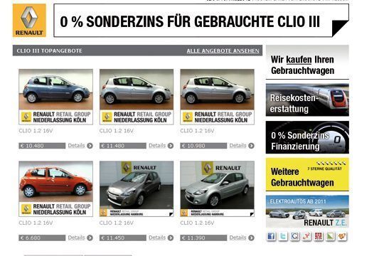 Je nach Verkaufsaktion arbeitet die Niederlassung mit einer eigenen Landing Page. Hier: www.clio-ohne-zinsen.de. (Archiv: Vogel Business Media)