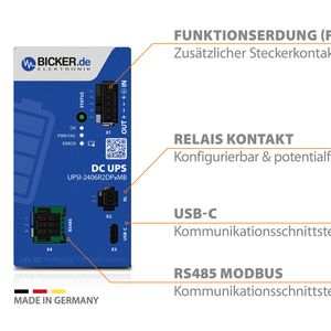 Übersicht der frontseitigen Anschlüsse: USB-C, RS485-Modbus und ein konfigurierbarer Relaiskontakt ermöglichen die komfortable Integration der DC-USV in bestehende Systeme. (Bild:  Bicker Elektronik GmbH)