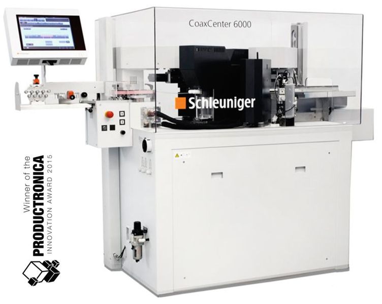 Das CoaxCenter 6000 ist laut eigener Aussage das weltweit erste und bislang einzige Maschinensystem, mit dem sich Mikrokoaxialkabel vollautomatisch und hochpräzise bearbeiten lassen. (Schleuniger)