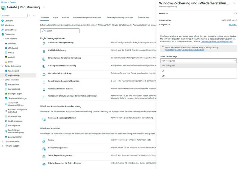 Der Bereich „Windows-Sicherung und Wiederherstellen (Vorschau)“ in der Intune-Registrierung steuert, ob Benutzer beim ersten Start eines Geräts eine Seite zur Wiederherstellung aus einer Sicherung angezeigt bekommen. (Bild: Joos | Microsoft)