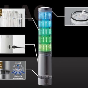 Der Signalturm LA6 u¨berzeugt durch seine Features: Speziallinsen fu¨r eine hervorragende Sichtbarkeit der Blinksignale, eine USB-Schnittstelle fu¨r den Download der Programmiersoftware, das wasserfeste Sound-Modul im Leuchtenfuß und den Lautstärkeregler im Leuchtenkopf.