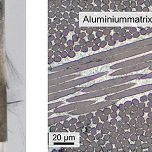 Bild 2: Gefügte Lagenstruktur aus Aluminiumblechen und Carbongewebelagen (links); Schliffbild (rechts): von Aluminiummatrix infiltrierte, senkrecht zueinander orientierte Faserbündel