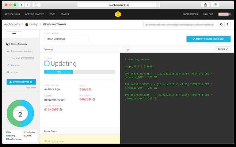 Eine weitere Variante für Docker-Container via Raspberry Pi ist ResinOS, dass auf einem Yocto-Linix-Core basiert und für eine große Bandbreite unterschiedlicher Plattformen zur Verfügung steht. (Screenshot / resin.io)