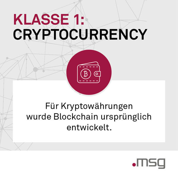 Klasse 1: KryptowährungenÖffentliche Blockchains dienen als Grundlage zur Implementierung von Kryptowährungen. Für diese Szenarien wurde die Blockchain ursprünglich auch erfunden. (msg systems ag)