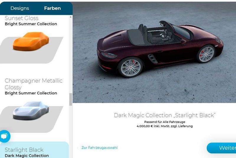 Laut Ankündigung von Porsche werden originale und bislang unveröffentlichte Porsche-Farben wählbar sein. (Screenshot https://www.secondskin.design/configurator/)