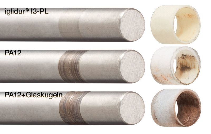Im Testlabor zeigte sich beispielsweise in der rotierenden Bewegung verglichen mit Iglidur I3-PL der deutliche Verschleiß der Gleitlager aus SLS-Standardmaterialien sowie der Edelstahlwellen. (Bild: Igus)