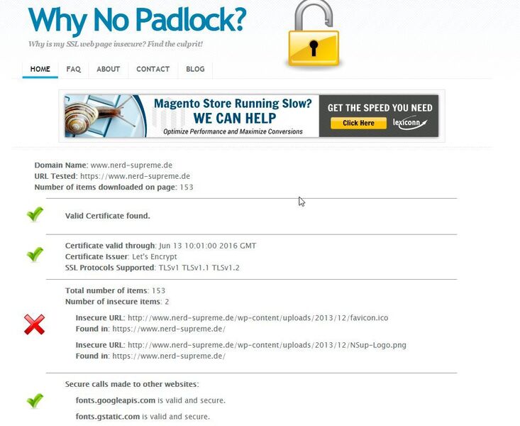 Die Warnung des Browsers geht auf Bilder zurück, die über unverschlüsselte Verbindungen geladen werden. Die Seite WhyNoPadlock.com hilft bei der Fehlersuche.  (Moritz Jäger)