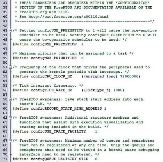 Bild 1: Über Konfigurationsparameter in der FreeRTOSConfig.h lassen sich eine Fülle von Einstellungen vornehmen, die auch für das Debugging relevant sind. Bild 1: Über Konfigurationsparameter in der FreeRTOSConfig.h lassen sich eine Fülle von Einstellungen vornehmen, die auch für das Debugging relevant sind.