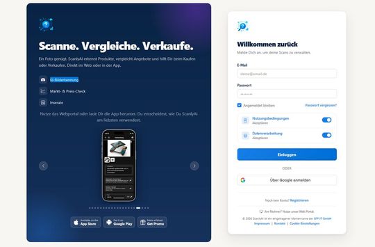 Die Startseite des Webportals von ScanlyAI; zusätzlich kann der KI-Service über Apps für Android und iOS genutzt werden.(Bild:  SFP-IT)
