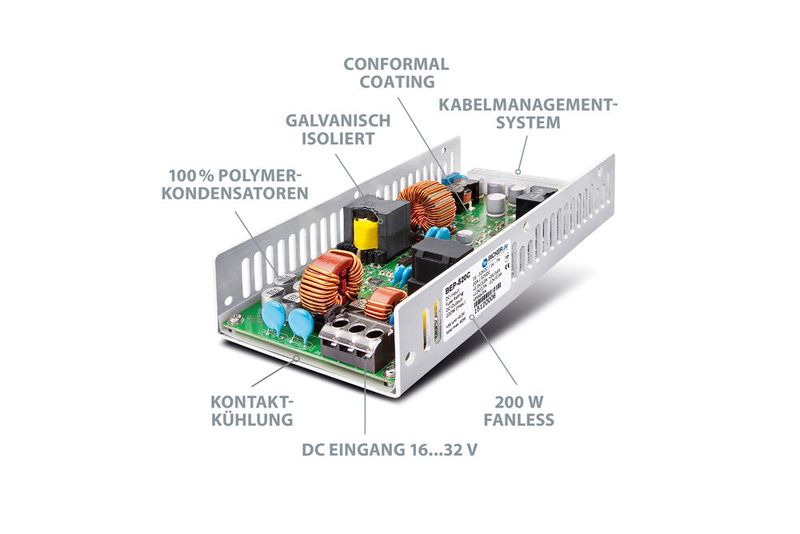 Mit DC-Weitbereichseingang von 16 bis 32 VDC, galvanischer Trennung, lüfterlosem Kühlkonzept, hochwertigen Polymer-Kondensatoren und Conformal Coating bietet das BEP-520C eine zuverlässige Stromversorgung für industrielle Embedded- und IPC-Anwendungen – auch bei anspruchsvollen Umgebungsbedingungen im 24/7-Betrieb. (Bild: Bicker)