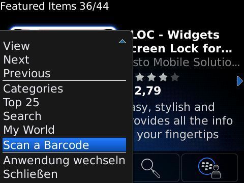 Die App-World-Anwendung des Blackberry scannt Barcodes direkt ein und führt den Nutzer dann zum jeweiligen Eintrag. (Archiv: Vogel Business Media)