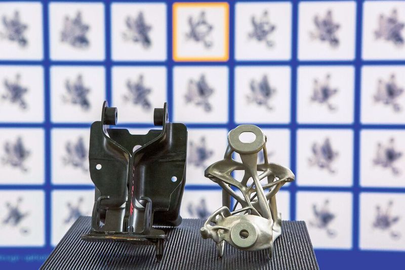 Per Generative Design und Additiver Fertigung entwickelte General Motors eine neue Sitzhalterung (rechts). Sie ist 40 % leichter und 20% steifer als das Originalteil (links). (Image courtesy of General Motors)