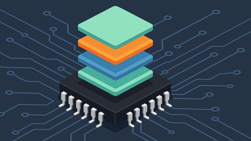 Eine neue Fertigungstechnik, bei der mehrere aktive Komponenten auf der Rückseite eines Computerchips gestapelt werden, könnte die Energieeffizienz der Mikroelektronik erheblich steigern.(Bild:  Dall-E / KI-generiert)