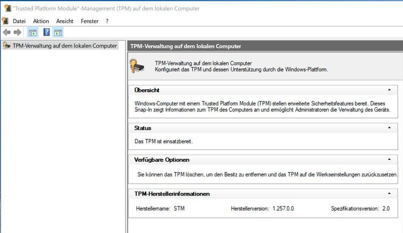 Bitlocker läuft am besten mit einem TPM-Chip, dessen Funktion in Windows mit 