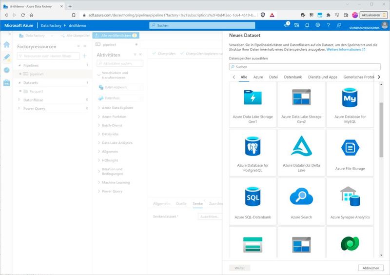 Nun müssen Sie die „Senke“ anschließen. Hier erstellen Sie wieder ein neues Dataset und wählen hier als Vorlage „Azure SQL Database“. (Bild: Drilling / Microsoft)