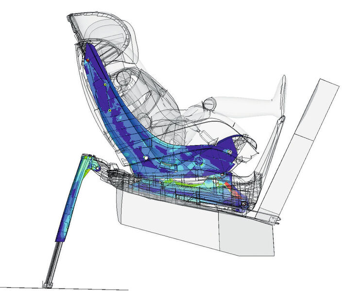 Das Bild zeigt eine Frontal-Crashsimulation bei rückwärtsgewandter Sitzposition. (Bild: Code Product Solutions)