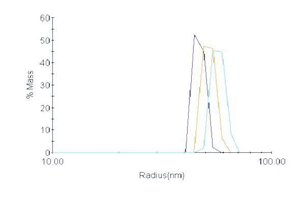 Abb. 5: Größenverteilung der Polystyrolpartikel in 3, 6 und 9 mg/mL Antikörperlösung. (Bild: Wyatt)