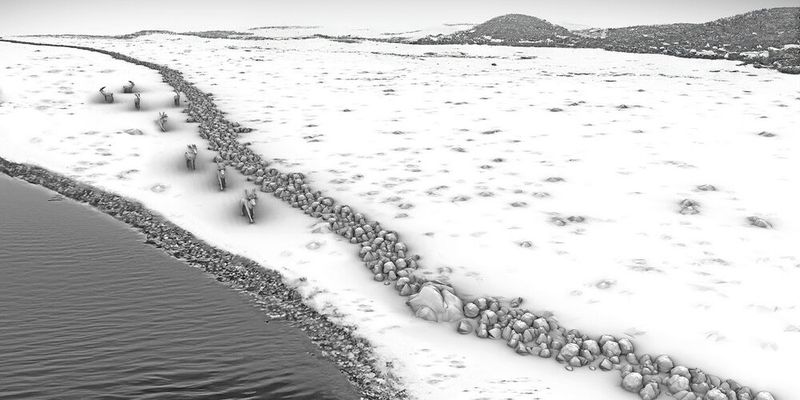 Grafische Rekonstruktion des Steinwalls als Treibjagdstruktur in einer spätglazialen/frühholozänen Landschaft, erstellt auf Grundlage der bathymetrischen Daten und des Unterwasser 3D Modells.(Bild:  Michał Grabowski)