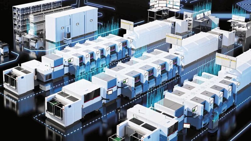 Intelligente Fertigung: Daten, KI und Robotik wachsen in der SMT-Fertigung zunehmend zusammen. Vernetzte Systeme erkennen Prozessabweichungen, steuern Materialflüsse und leiten immer häufiger selbstständig Maßnahmen ein.(Bild:  ASMPT SMT Solutions)