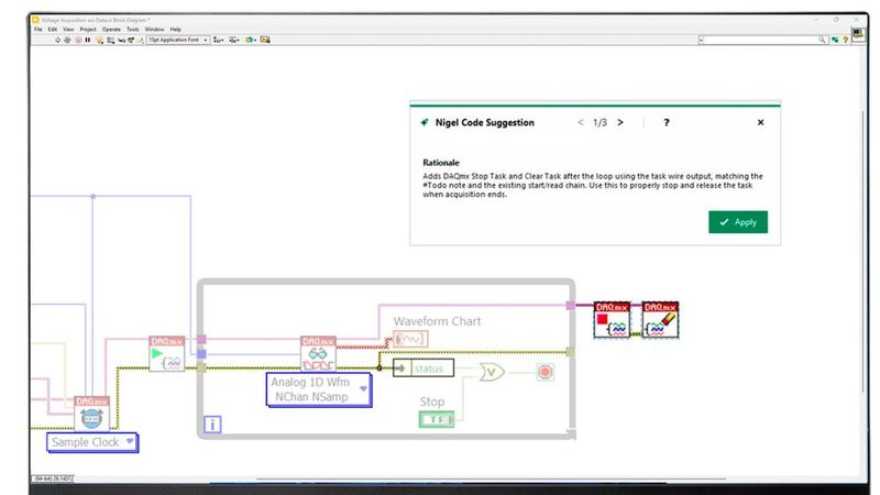 Eine KI-basierte Code-Vervollständigung ist in der LabVIEW+-Suite von Emerson möglich. Der Projektkontext wird analysiert und passende Programmierschritte vorgeschlagen.(Bild:  Emerson)
