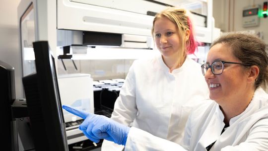 Die Wissenschaftlerin Ana Rita Brochado (rechts) und ihre Labormitarbeiterin Laura Sniegula blicken auf die Daten des Pipettierroboters. Mit diesem Laborgerät untersuchte das Team die Wirkung von 94 verschiedenen Substanzen.(Bild:  Leon Kokkoliadis / Universität Tübingen)